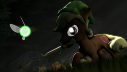 Size: 1920x1080 | Tagged: safe, artist:wiizzie, quarter hearts, parasprite, 3d, mouth hold, navi, rupee, solo, sword, the legend of zelda, the legend of zelda: ocarina of time, weapon