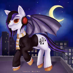 Size: 2073x2067 | Tagged: source needed, safe, artist:evescintilla, oc, oc only, oc:aksel koit, bat pony, pony, bat pony oc, city, clothes, crescent moon, headphones, hoodie, moon, music notes, night, roof, rooftop, scarf, solo, transparent moon, unshorn fetlocks