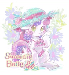 Size: 1337x1442 | Tagged: safe, artist:osawari64, derpibooru import, sweetie belle, unicorn, clothes, cute, diasweetes, female, filly, hat, looking at you, solo, swimsuit