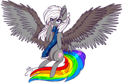 Size: 1024x683 | Tagged: safe, artist:ayoarts, oc, oc only, oc:nyan, pegasus, pony, blue eyes, digital art, gray, ponified, rainbow, solo, white mane