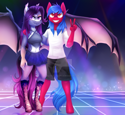 Size: 1024x944 | Tagged: safe, artist:scarlet-spectrum, derpibooru import, oc, oc only, oc:dawn aurora, oc:firewolfy, anthro, bat pony, unguligrade anthro, anthro oc, bat pony oc, breasts, clothes, commission, cute, cute little fangs, dance club, digital art, fangs, female, halter top, looking at you, male, mare, midriff, miniskirt, pale belly, peace sign, pleated skirt, shorts, skirt, smiling, stallion, stockings, watermark, wings