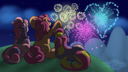 Size: 1920x1080 | Tagged: safe, artist:anscathmarcach, sparkleworks, pony, g3, 4th of july, complex background, dazzle surprise, fireworks, group, holiday, night, star shimmer