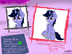 Size: 2048x1536 | Tagged: safe, alternate version, artist:kimjoman, derpibooru import, oc, oc only, oc:purple flix, pony, unicorn, chest fluff, commission, commission info, cute, heart, heart eyes, male, sitting, solo, wingding eyes