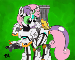 Size: 10000x8001 | Tagged: safe, artist:brekrofmadness, derpibooru import, sweetie belle, sweetie bot, bird, pony, robot, robot pony, unicorn, absurd resolution, bastion (overwatch), birb, female, filly, foal, ganymede, hooves, horn, overwatch, solo, weapon