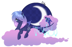 Size: 1024x667 | Tagged: safe, artist:ayoarts, oc, oc only, pegasus, pony, art trade, cloud, moon, night, purple, solo