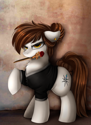 Size: 2550x3509 | Tagged: safe, artist:pridark, derpibooru import, oc, oc only, earth pony, pony, clothes, commission, dangerous, female, looking at you, mare, mouth hold, solo