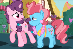 Size: 625x425 | Tagged: safe, derpibooru import, screencap, cup cake, sugar belle, earth pony, pony, unicorn, the break up breakdown, cropped, female, smiling