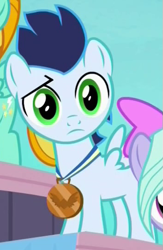 Size: 353x543 | Tagged: safe, derpibooru import, screencap, flitter, lightning dust, soarin', pegasus, pony, parental glideance, bronze medal, colt, colt soarin', confused, cropped, female, filly, flashback, foal, frown, green eyes, male, raised eyebrow, solo focus, spread wings, younger