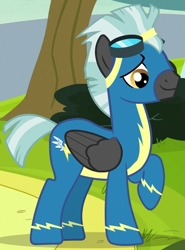 Size: 645x870 | Tagged: safe, derpibooru import, screencap, thunderlane, pegasus, pony, marks and recreation, clothes, cropped, goggles, male, solo, stallion, uniform, wonderbolts, wonderbolts uniform