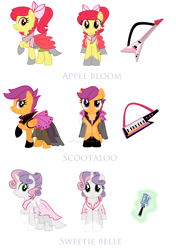 Size: 1600x2273 | Tagged: safe, artist:nstone53, apple bloom, scootaloo, sweetie belle, earth pony, pegasus, pony, unicorn, fanfic:bride of discord, clothes, concept art, cutie mark crusaders, dress, female, flying v, guitar, keytar, magic, mare, microphone, musical instrument, older, watermark