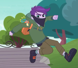 Size: 651x571 | Tagged: safe, derpibooru import, screencap, jewelry thief (character), better together, equestria girls, super squad goals, background human, bandana, canterlot city, cropped, male, shoes, sneakers, thief