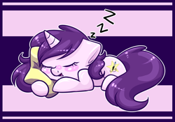 Size: 1024x716 | Tagged: safe, artist:whitehershey, derpibooru import, oc, oc only, unicorn, chibi, cute, female, mare, ocbetes, pillow, sleeping, smiling, solo, zzz