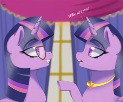 Size: 1800x1500 | Tagged: safe, artist:kafiyan, derpibooru import, sci-twi, twilight sparkle, twilight sparkle (alicorn), alicorn, pony, unicorn, better together, equestria girls, couple, dialogue, duo, female, glasses, indoors, looking at each other, mare, twolight, unicorn sci-twi