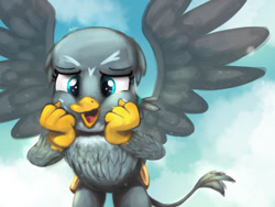 Size: 2000x1500 | Tagged: safe, artist:blackligerth, derpibooru import, gabby, griffon, cute, female, gabbybetes, open mouth, sky, solo, spread wings, wings