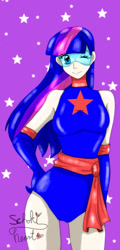 Size: 434x902 | Tagged: safe, artist:mingmiyu, derpibooru import, twilight sparkle, human, bodysuit, clothes, female, humanized, leotard, magic gaia, one eye closed, solo, superhero, wink