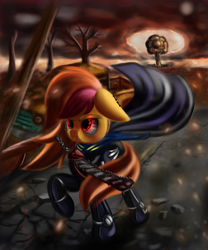 Size: 2500x3000 | Tagged: safe, artist:qbellas, derpibooru import, oc, oc only, oc:pumpkin spice, bat pony, pony, clothes, fallout, solo