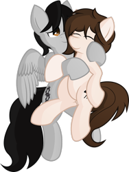 Size: 1024x1361 | Tagged: safe, artist:plone, oc, oc only, oc:kaethela, oc:steamworks, pegasus, pony, cuddling, shipping, simple background, snuggling, transparent background