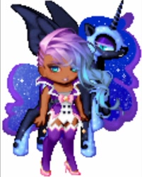 Size: 495x617 | Tagged: safe, nightmare moon, pony, bowtie, clothes, dark skin, gaia online, high heels, old profile picture, pixel art, profile picture, socks