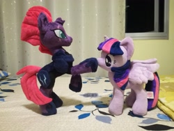 Size: 4160x3120 | Tagged: safe, artist:doctorkoda, derpibooru import, tempest shadow, twilight sparkle, twilight sparkle (alicorn), alicorn, my little pony: the movie, 4de, bed, boop, cute, plushie, room, standing, window