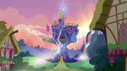 Size: 1280x720 | Tagged: safe, derpibooru import, screencap, every little thing she does, castle, dawn, no pony, scenery, sunrise, twilight's castle