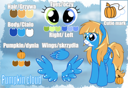 Size: 1352x924 | Tagged: safe, artist:kotelen, oc, oc only, oc:pumpkin cloud, pegasus, pony, blue, heterochromia, polish, reference sheet, solo