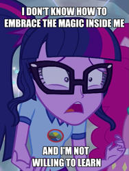 Size: 541x720 | Tagged: safe, edit, edited screencap, screencap, pinkie pie, sci-twi, twilight sparkle, equestria girls, legend of everfree, cropped, exploitable meme, image macro, meme, role reversal, scared, sunset is not willing to learn, twilight is not willing to learn