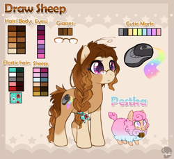 Size: 1037x948 | Tagged: safe, artist:micealbinoska, oc, oc only, oc:draw sheep, earth pony, pony, sheep, braid, brown mane, glasses, purple-pink eyes, reference sheet, solo