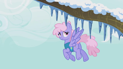 Size: 1280x720 | Tagged: safe, derpibooru import, screencap, rainbowshine, pegasus, pony, winter wrap up, background pony, female, flying, icicle, mare, snow, solo, tree branch, weather team, winter wrap up vest