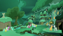 Size: 1280x720 | Tagged: safe, derpibooru import, screencap, amethyst star, cheerilee, doctor muffin top, lucky clover, sassaflash, sparkler, spring melody, sprinkle medley, sunshower raindrops, tornado bolt, earth pony, pegasus, pony, unicorn, the cutie re-mark, alternate timeline, background pony, chrysalis resistance timeline, everfree forest, female, filly, forest, male, mare, stallion, village