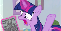 Size: 642x328 | Tagged: safe, derpibooru import, screencap, twilight sparkle, twilight sparkle (alicorn), alicorn, marks for effort, angry, discovery family logo, meme, newspaper, paper, solo, the simpsons, twilight sparkle's angry paper