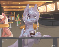 Size: 2834x2268 | Tagged: artist needed, source needed, safe, derpibooru import, oc, oc only, pony, blurry background, blushing, book, cafe, coffee, messy eating, sitting, table