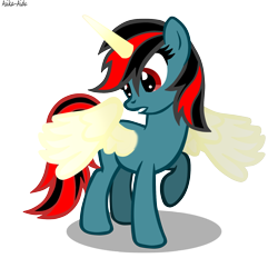 Size: 1726x1599 | Tagged: safe, artist:asika-aida, derpibooru import, oc, oc only, oc:firma surge, pony, artificial wings, augmented, female, looking down, magic, magic horn, magic wings, mare, not an alicorn, raised hoof, simple background, solo, surprised, transparent background, wings