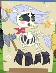 Size: 434x566 | Tagged: safe, derpibooru import, screencap, skellinore, skeleton pony, the break up breakdown, axe, battle axe, blushing, boots, cropped, crossed legs, cute, dungeons and dragons, female, mare, neckerchief, ogres and oubliettes, shoes, skeleton, skellibetes, smiling, solo, weapon