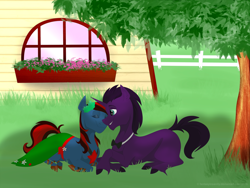 Size: 900x677 | Tagged: safe, artist:fantasyinsanity, derpibooru import, oc, oc only, oc:firma surge, oc:knightshade, clothes, dress, fence, firmashade, grass, lying in grass, married couple, oc x oc, shipping, smiling, tree, under the tree, wedding dress, window