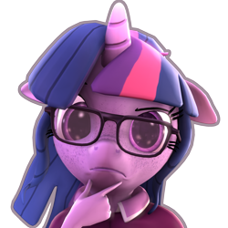 Size: 1962x1962 | Tagged: safe, artist:imafutureguitarhero, derpibooru import, sci-twi, twilight sparkle, anthro, unicorn, 3d, alternate hairstyle, bust, clothes, contemplating, digital art, emoji, female, floppy ears, freckles, glasses, hand on chin, horn, looking at you, mare, meme, nose wrinkle, outline, raised eyebrow, shirt, simple background, solo, source filmmaker, square, thinking, thinking emoji, transparent background, unicorn sci-twi