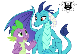 Size: 3024x2106 | Tagged: safe, artist:akeahi, artist:amysticalartist, princess ember, spike, dragon, just friends, looking at each other, looking down, looking up, open mouth, simple background, sitting, smiling, spread wings, transparent background