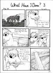 Size: 2550x3506 | Tagged: safe, artist:lupiarts, derpibooru import, oc, oc only, oc:daxter, oc:ron nail, comic:what have i done, black and white, comic, dramatic, family, father, grayscale, hammer, male, monochrome, sad, traditional art, wood, worker, working