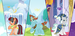 Size: 3899x1909 | Tagged: safe, artist:velveagicsentryyt, derpibooru import, oc, oc only, oc:fastone, oc:starvender, oc:stronpeutic, earth pony, pegasus, pony, unicorn, female, male, mare, offspring, parent:flash magnus, parent:meadowbrook, parent:mistmane, parent:rockhoof, parent:somnambula, parent:star swirl the bearded, parents:magnambula, parents:mistswirl, parents:rockbrook, stallion, star swirl the bearded costume