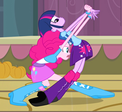 Size: 894x818 | Tagged: safe, screencap, pinkie pie, twilight sparkle, equestria girls, equestria girls (movie), backpack, balloon, bracelet, clothes, eyes on the prize, jewelry, leg warmers, one of the animators actually made this, out of context, personal space invasion, pumpkin, shoes, skirt