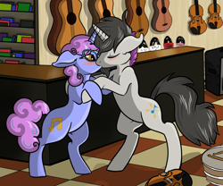 Size: 1024x852 | Tagged: safe, artist:riverofdreams, oc, oc only, pony, unicorn, bipedal, blushing, glasses, kissing, oc x oc, shipping, store, violin