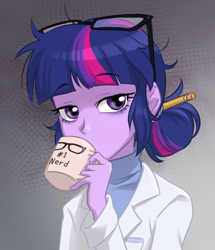 Size: 550x640 | Tagged: safe, artist:ta-na, sci-twi, twilight sparkle, human, equestria girls, bags under eyes, clothes, coffee mug, drinking, female, glasses, glasses off, lab coat, mug, pencil, solo