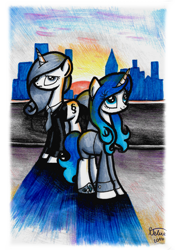 Size: 1024x1460 | Tagged: safe, artist:velvettia, derpibooru import, oc, oc only, oc:paragraph, unicorn, clothes, duo, duo female, female, lawyer, necktie, signature, suit, traditional art