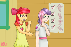 Size: 2500x1666 | Tagged: safe, artist:spokenmind93, derpibooru import, apple bloom, sweetie belle, human, marks for effort, clothes, cutie mark crusaders, dress, female, humanized, ribbon, scene interpretation, signature