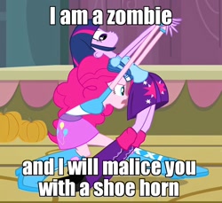 Size: 894x818 | Tagged: safe, edit, edited screencap, screencap, pinkie pie, twilight sparkle, equestria girls, equestria girls (movie), backpack, balloon, bracelet, caption, clothes, ed edd n eddy, eyes on the prize, image macro, jewelry, leg warmers, meme, one of the animators actually made this, out of context, personal space invasion, shoes, skirt, the good ol' ed