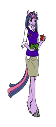 Size: 1379x3119 | Tagged: safe, artist:breadworth, twilight sparkle, anthro, unguligrade anthro, apple, book, clothes, cloven hooves, female, food, solo, unshorn fetlocks