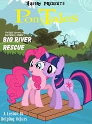 Size: 975x1318 | Tagged: artist needed, safe, derpibooru import, edit, pinkie pie, twilight sparkle, earth pony, pony, series:pony tales, parody, parody of a parody, raft, veggietales