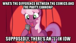 Size: 480x270 | Tagged: safe, cheerilee, earth pony, pony, cheerilee pun, curtain, exploitable meme, female, green eyes, image macro, joke, mare, meme, microphone, open mouth, smiling, solo, spotlight, text, two toned mane, two toned tail