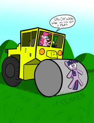 Size: 2481x3264 | Tagged: safe, artist:penkenarts, derpibooru import, pinkie pie, twilight sparkle, twilight sparkle (alicorn), alicorn, earth pony, pony, abuse, cartoon physics, duo, flattened, pun, steamroller, twilybuse