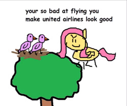Size: 499x418 | Tagged: safe, artist:round trip, derpibooru import, mean fluttershy, bird, in a nutshell, the mean 6, clone, misspelling, monochrome, roasted, round trip's mlp season 8 in a nutshell, stylistic suck, tree, united airlines