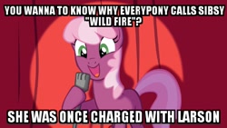 Size: 480x270 | Tagged: safe, edit, edited screencap, screencap, cheerilee, earth pony, pony, cheerilee pun, curtain, exploitable meme, female, green eyes, image macro, mare, meme, microphone, name joke, open mouth, pun, smiling, solo, spotlight, text, two toned mane, two toned tail